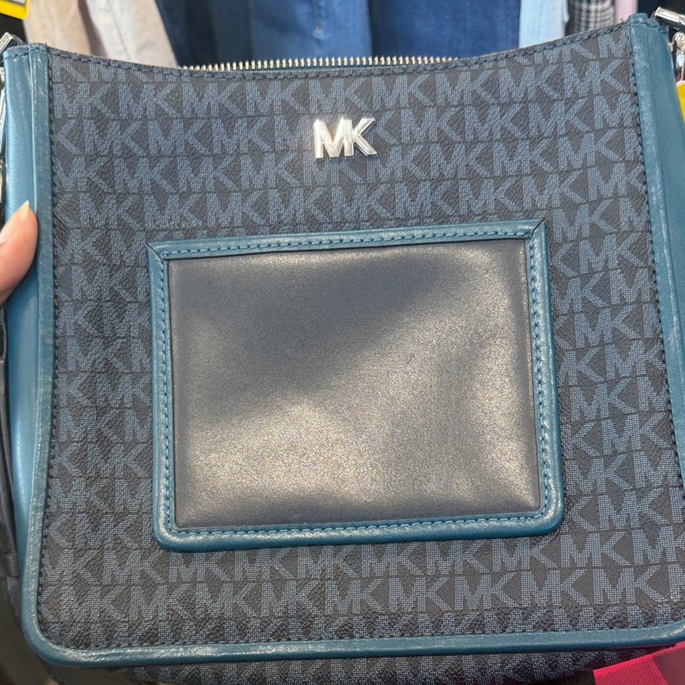 Michael Kors Navy and Teal MK Monogram Messenger Bag